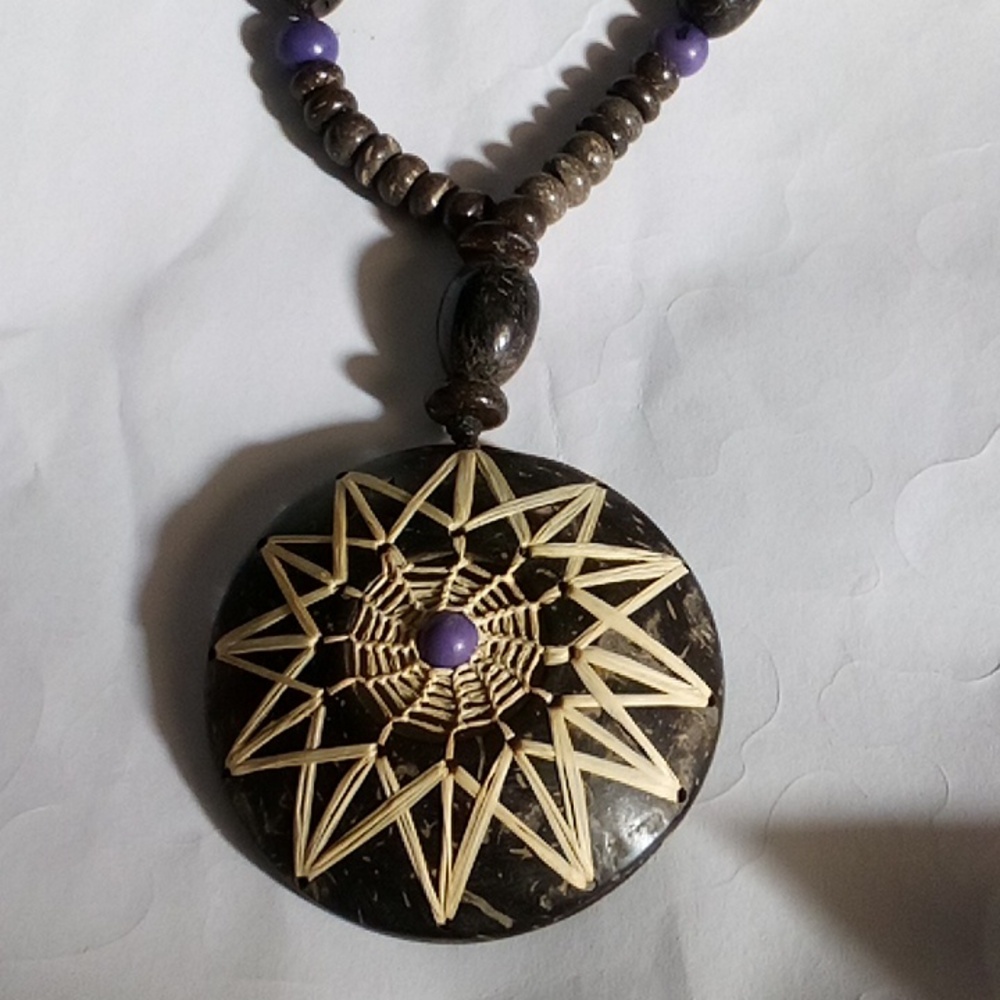 Rare Unique Coconut Shell Wood Adjustable 16" Necklace Hobo Tribal Ethnic